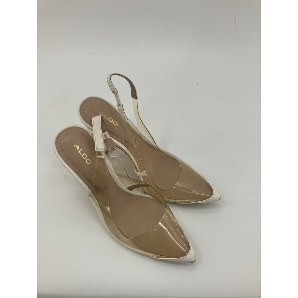 Aldo Pump Womens US 7.5 Clear Brown Transparent Pointed Toe Block Heel Slingback